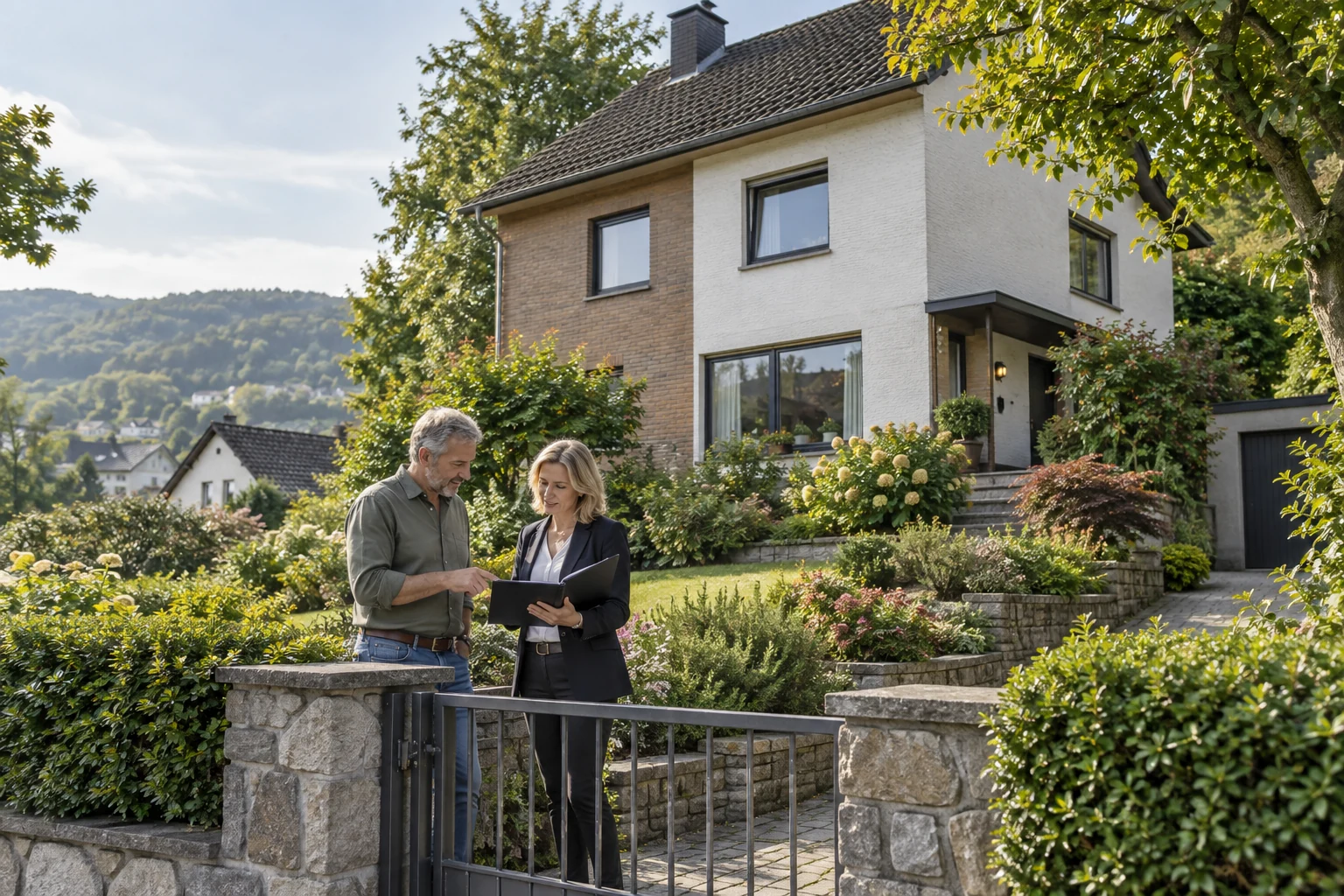 Eigentümer und Beraterin sprechen vor einem gepflegten Haus mit Garten in einer grünen Hanglage.